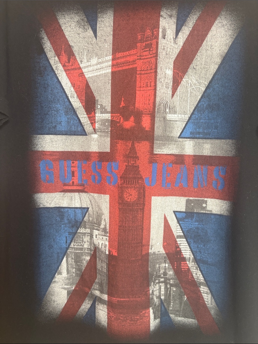 GUESS Black Tee with Red, White & Blue Union Jack Graphic